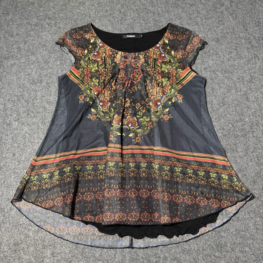 VTG Y2K‎ Desigual Floral Sheer Top Size S Boho Indie Retro Grunge